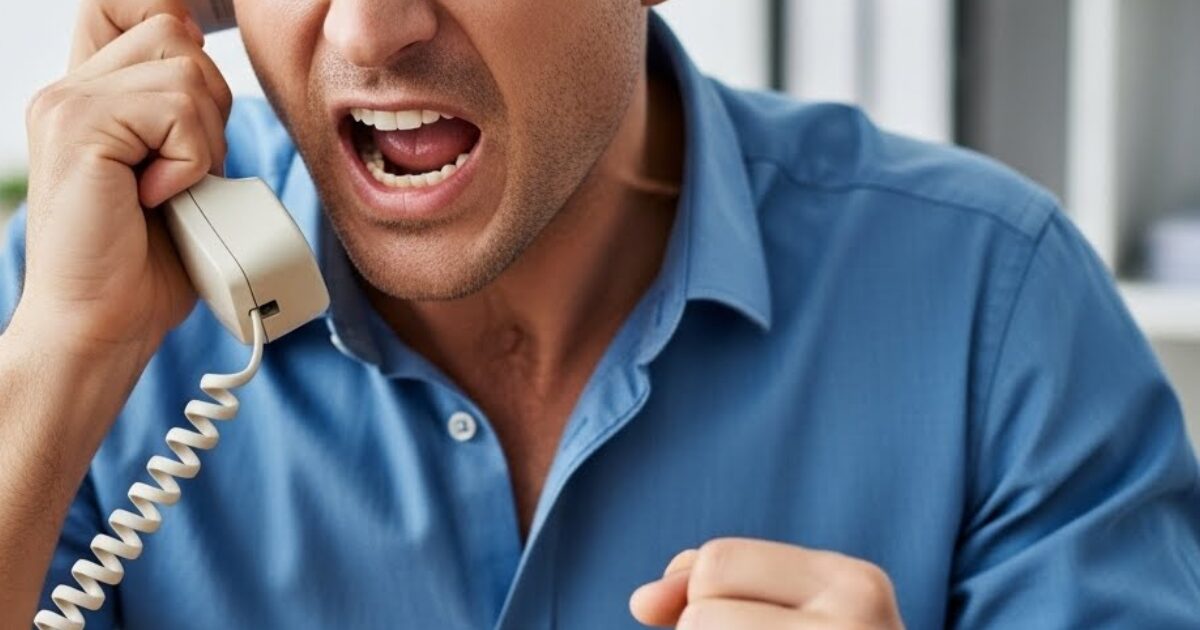 A man angrily making a complaint over the phone
