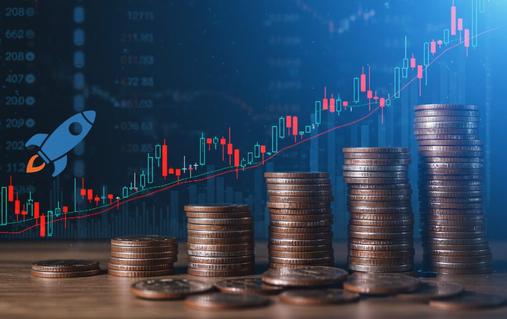 Minimalist flat vector icon of a rocket ship launching, blue body and orange flame, simple silhouette, solid colors, white background, high contrast.