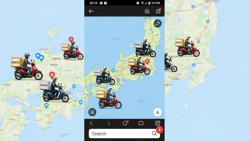 A smartphone screen displays multiple delivery riders on motorbikes with “menu” written on their cargo racks, depicted on a map of Japan.