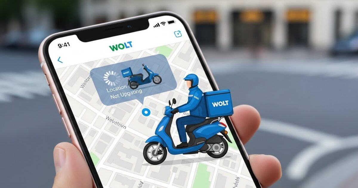 A Wolt delivery rider on a motorcycle is shown on a smartphone screen experiencing a problem where their location isn't updating on the map.