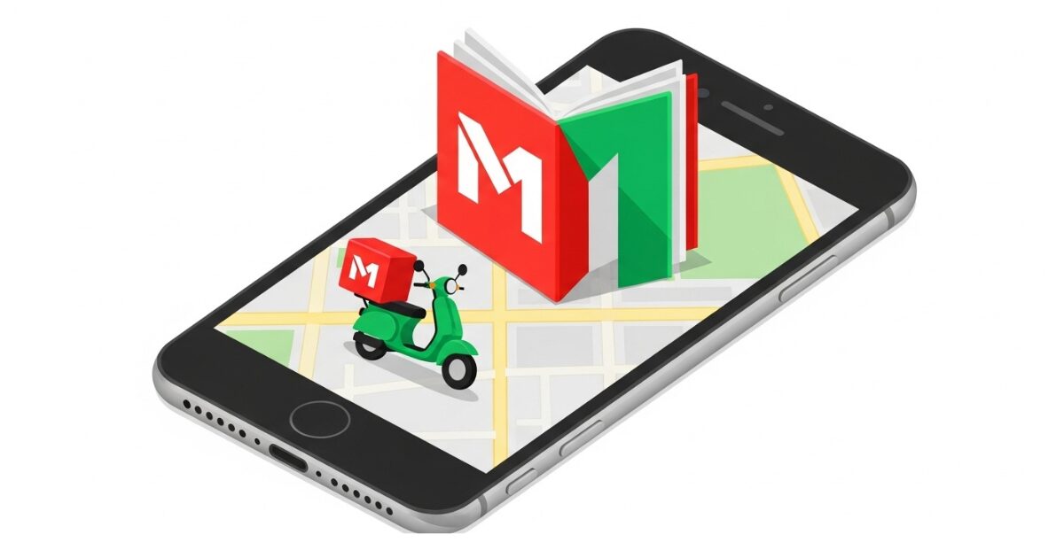 A smartphone displays a motorbike equipped with a delivery box bearing a logo on a map