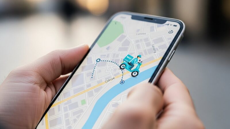 The map on the smartphone shows the wolt delivery person's location on the motorbike appearing to be off.