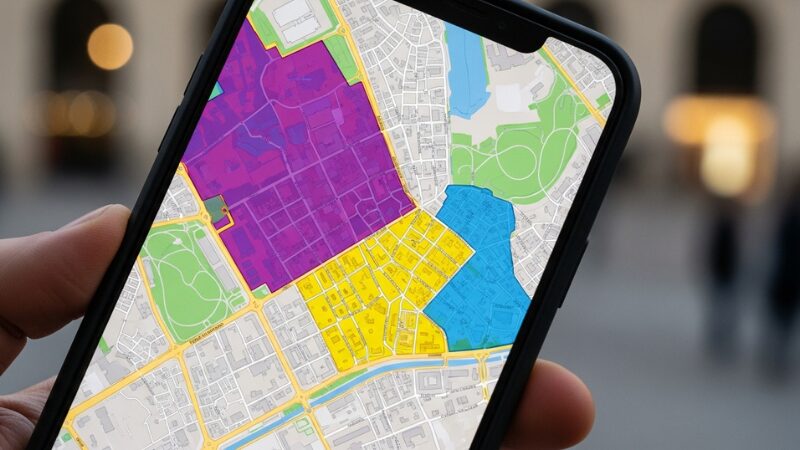 The map displayed on the smartphone shows areas colored purple, yellow, and blue.