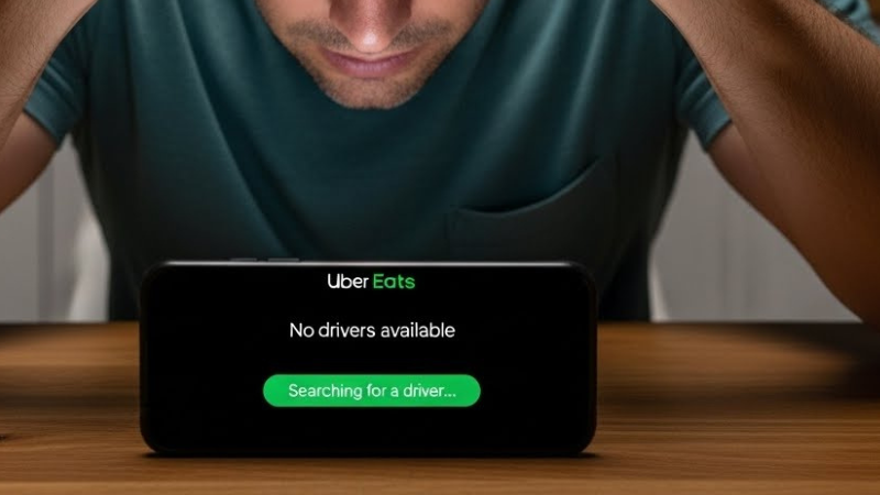 A man staring at his phone, head in hands, unable to find a delivery driver on Uber Eats